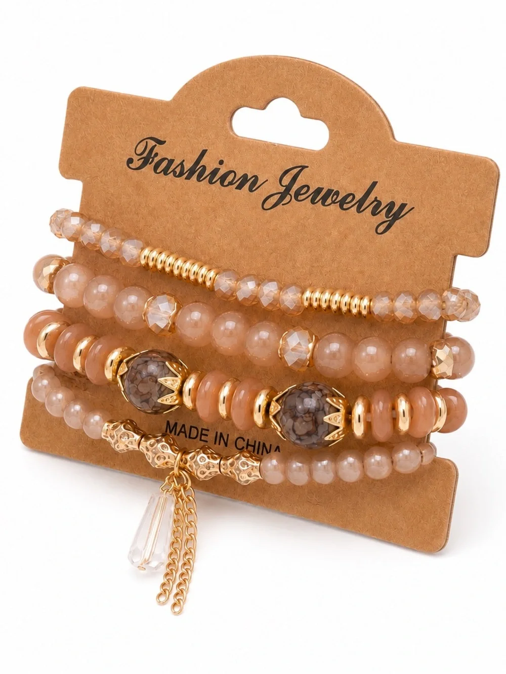 Boho Neutral Beaded Bracelet Stack Gold Tone Crystal Charm Stretch Bracelets